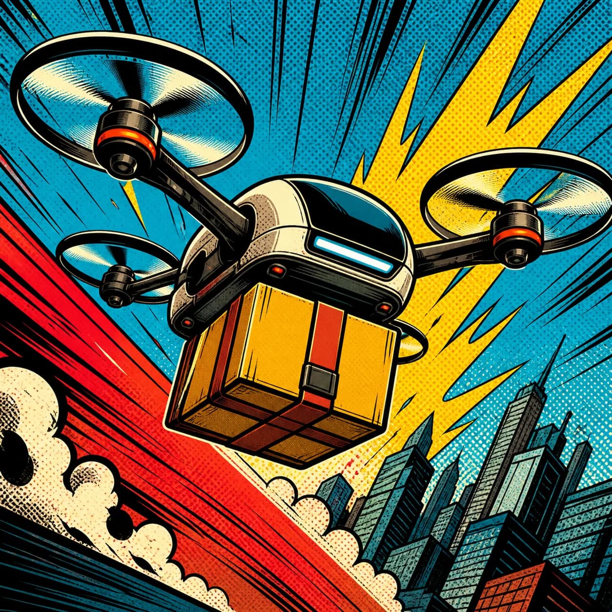Comic book art example with bold ink lines, halftone texture, and bright action color.