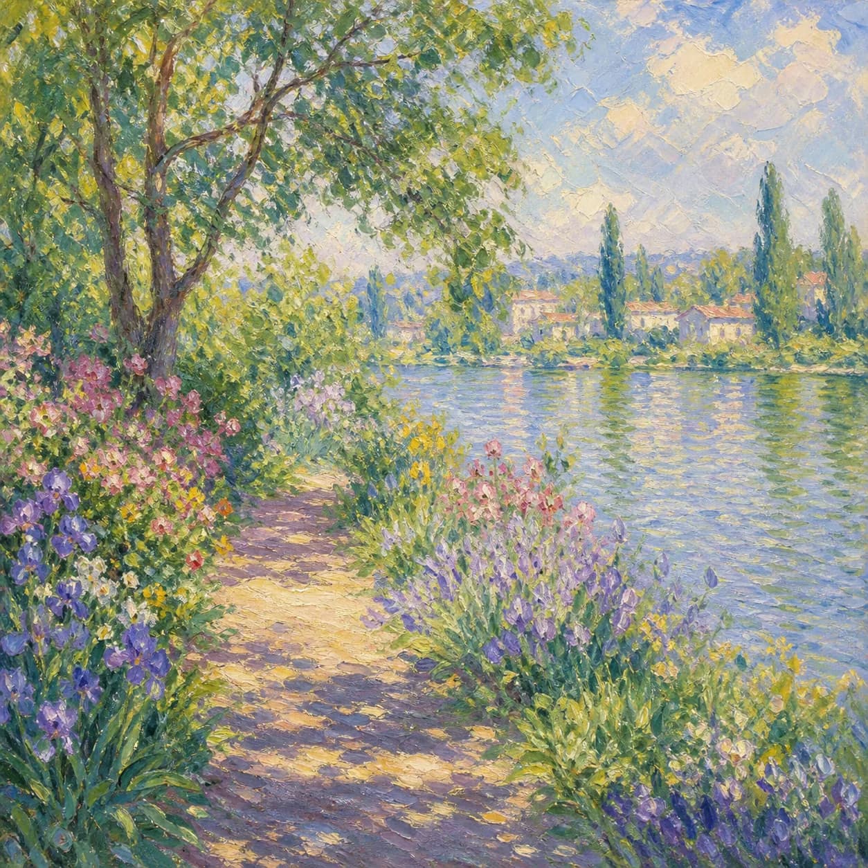 Impressionism example with soft brushwork, garden color, and shimmering water.